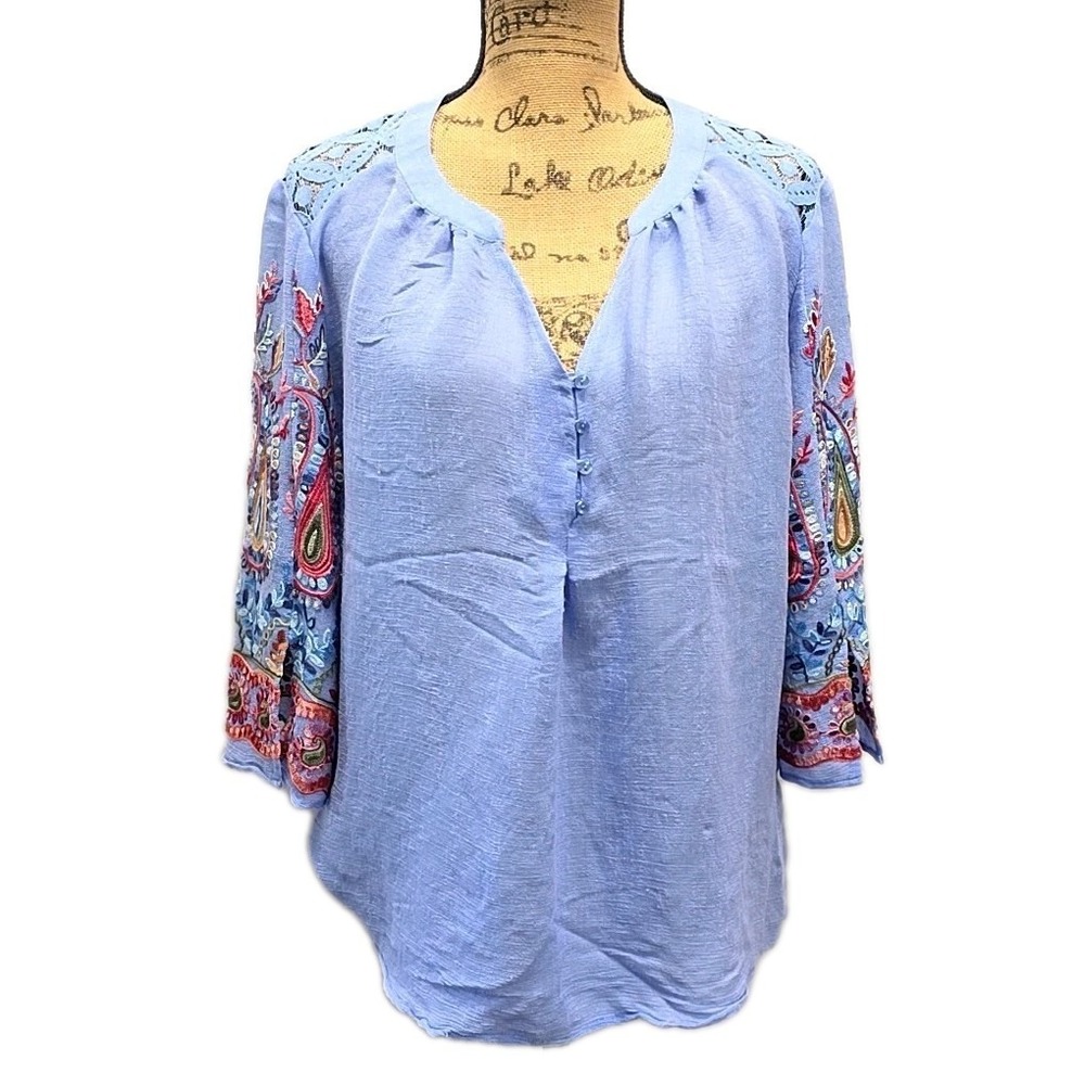 Zac Rachel Embroidered Peasant Blouse Blue Boho Crochet Bell Sleeve Top sz M